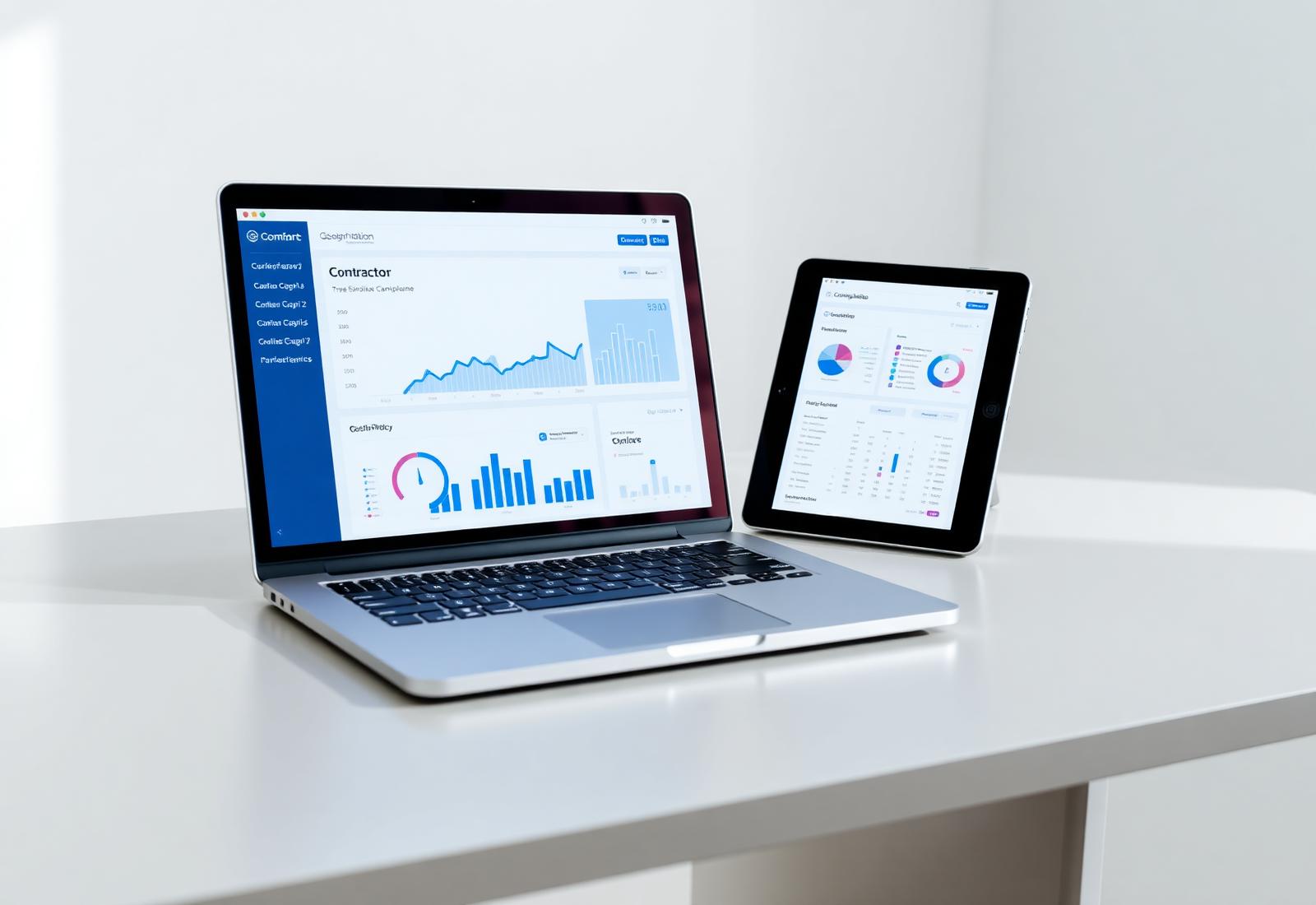 Contractor compliance dashboard shown on a laptop and tablet